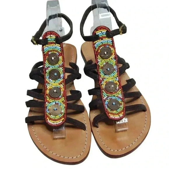 Mystique Beaded Gladiator Sandals Flats Ankle T-Strap Leather Women’s Size 7 - Picture 3 of 11